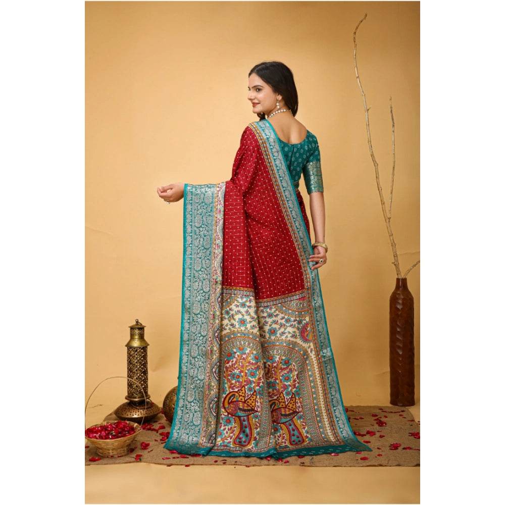 Generic Women's Soft Dola Cotton Kalamkari Printed Saree With Unstitched Blouse 5.5Mtr (Red) - MYLUXURY LANE ENTERPRISE