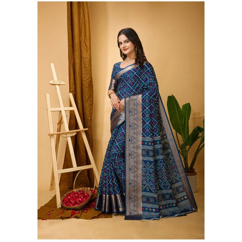 Generic Women's Soft Dola Cotton Kalamkari Printed Saree With Unstitched Blouse 5.5Mtr (Blue) - MYLUXURY LANE ENTERPRISE