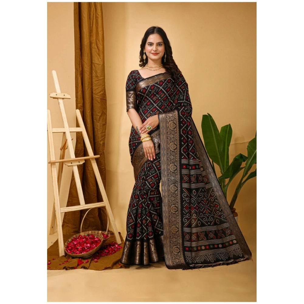 Generic Women's Soft Dola Cotton Kalamkari Printed Saree With Unstitched Blouse 5.5Mtr (Black) - MYLUXURY LANE ENTERPRISE
