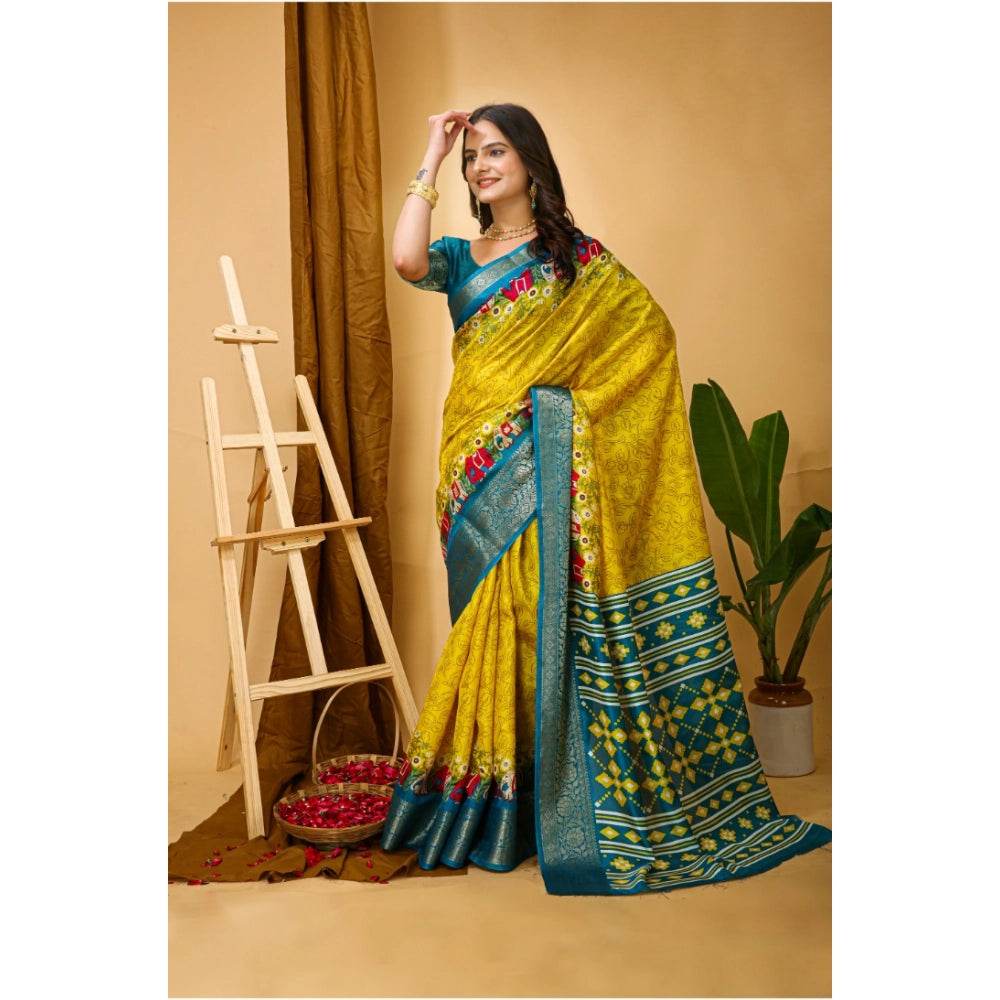 Generic Women's Soft Dola Cotton Kalamkari Printed Saree With Unstitched Blouse 5.5Mtr (Yellow) - MYLUXURY LANE ENTERPRISE
