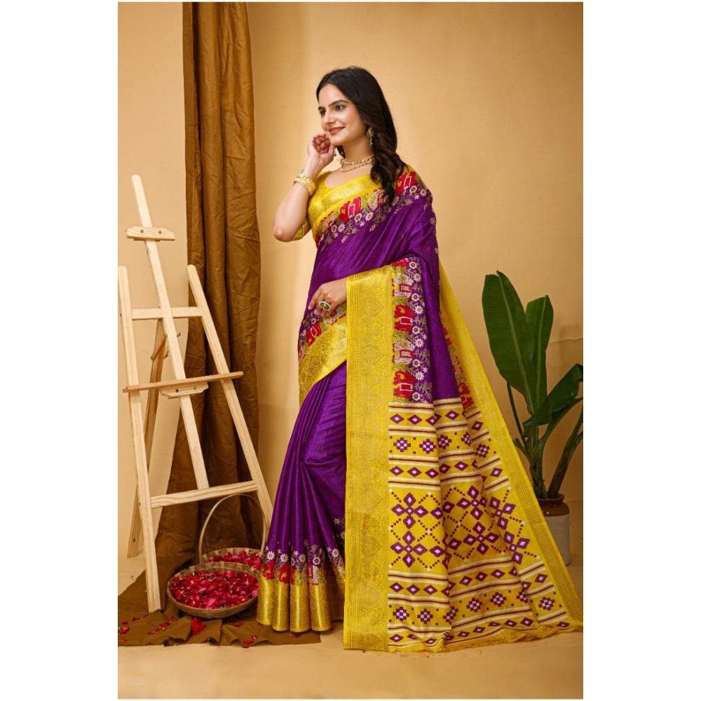 Generic Women's Soft Dola Cotton Kalamkari Printed Saree With Unstitched Blouse 5.5Mtr (Purple) - MYLUXURY LANE ENTERPRISE