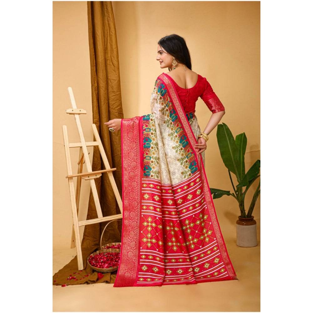 Generic Women's Soft Dola Cotton Kalamkari Printed Saree With Unstitched Blouse 5.5Mtr (White) - MYLUXURY LANE ENTERPRISE