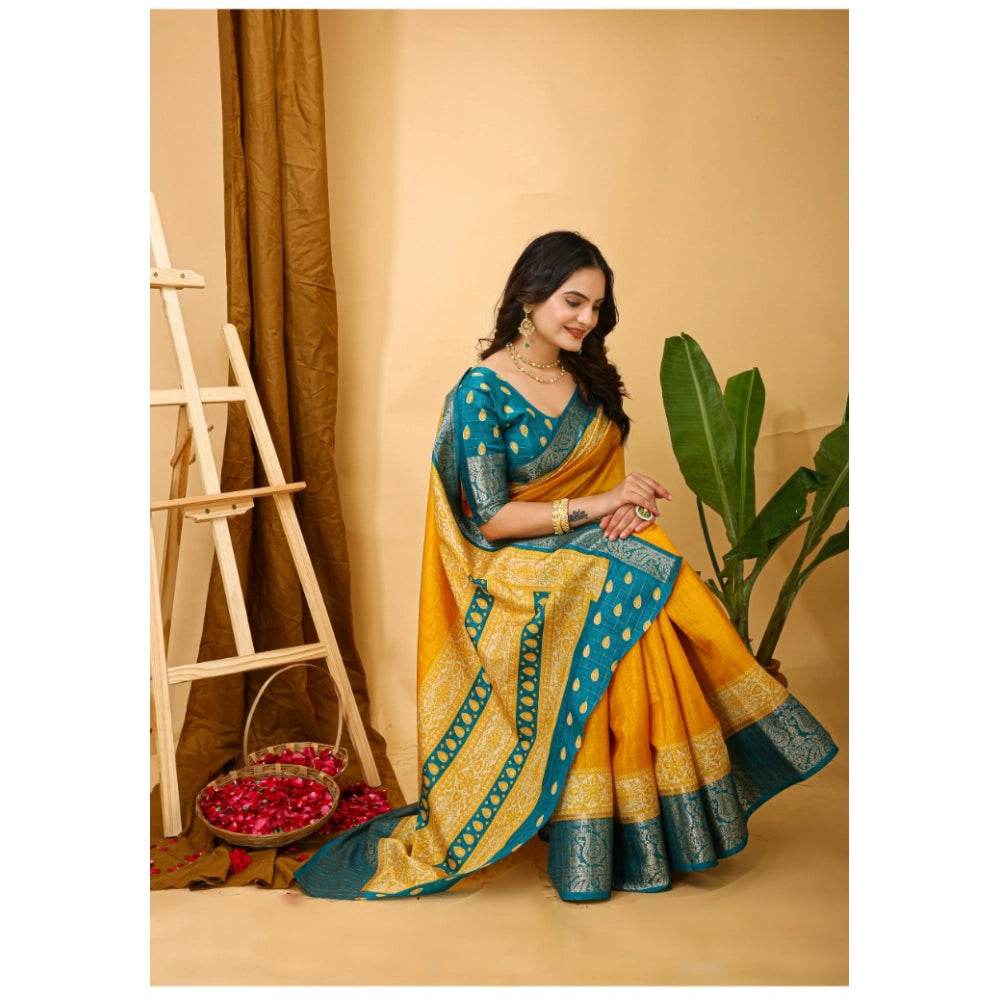 Generic Women's Soft Dola Cotton Kalamkari Printed Saree With Unstitched Blouse 5.5Mtr (Yellow) - MYLUXURY LANE ENTERPRISE