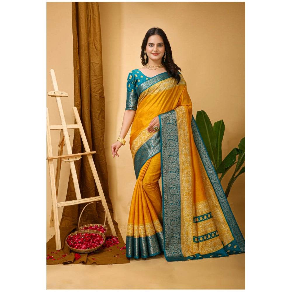 Generic Women's Soft Dola Cotton Kalamkari Printed Saree With Unstitched Blouse 5.5Mtr (Yellow) - MYLUXURY LANE ENTERPRISE