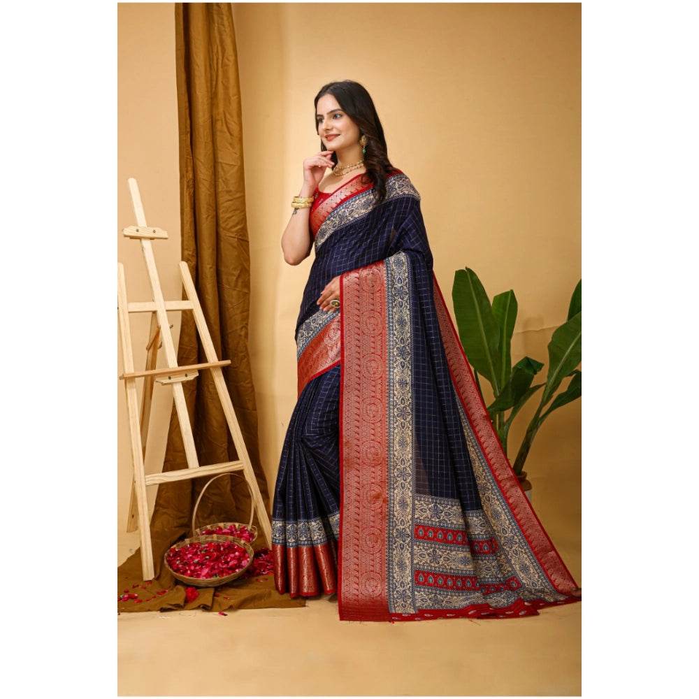 Generic Women's Soft Dola Cotton Kalamkari Printed Saree With Unstitched Blouse 5.5Mtr (Navy Blue) - MYLUXURY LANE ENTERPRISE