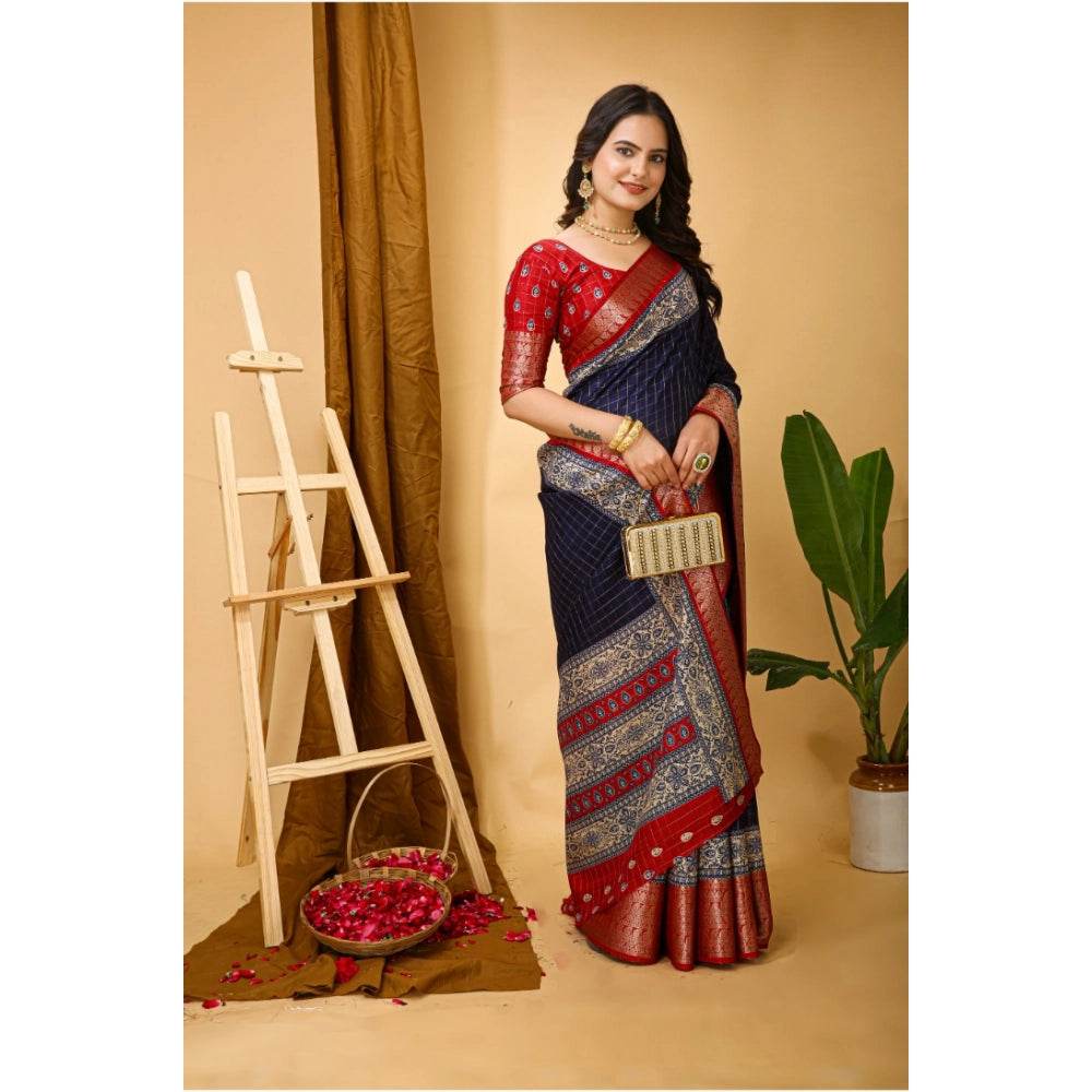 Generic Women's Soft Dola Cotton Kalamkari Printed Saree With Unstitched Blouse 5.5Mtr (Navy Blue) - MYLUXURY LANE ENTERPRISE
