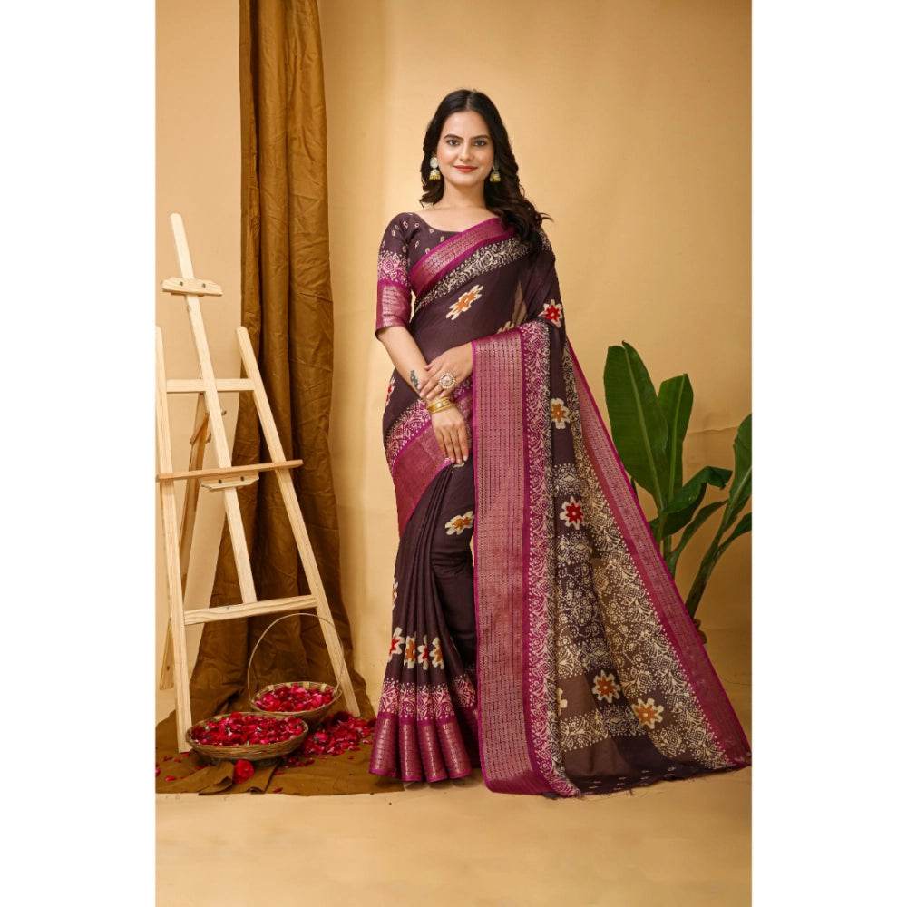 Generic Women's Soft Blooming Marshmallow Fabric Kalamkari Printed Saree With Unstitched Blouse 5.5Mtr (Maroon) - MYLUXURY LANE ENTERPRISE