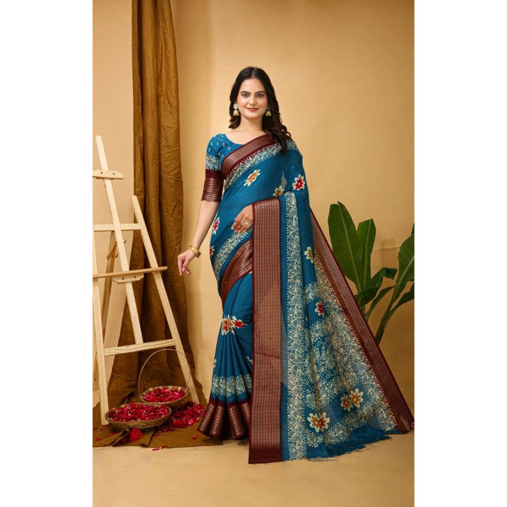 Generic Women's Soft Blooming Marshmallow Fabric Kalamkari Printed Saree With Unstitched Blouse 5.5Mtr (Blue) - MYLUXURY LANE ENTERPRISE