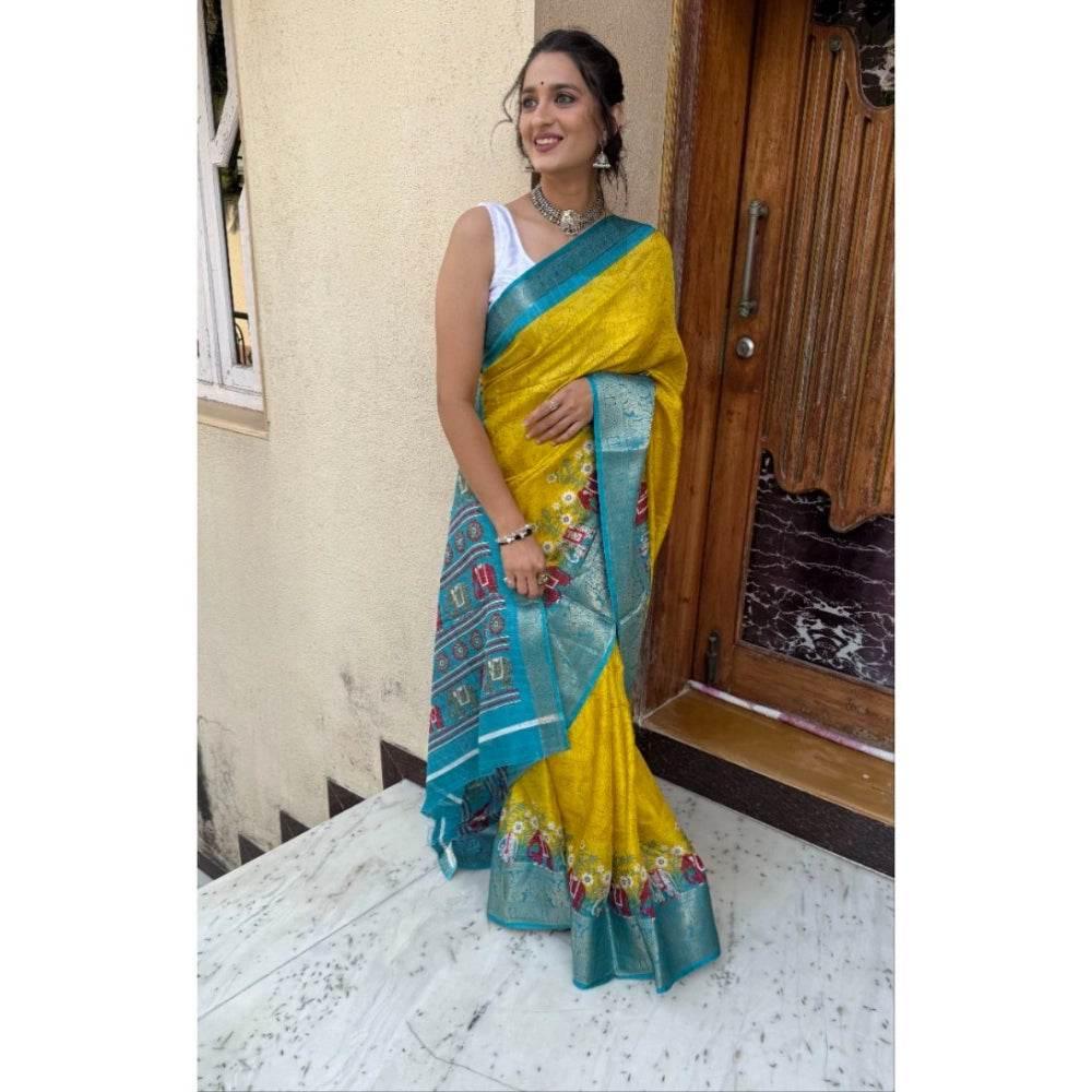 Generic Women's Soft Dola Cotton Kalamkari Printed Saree With Unstitched Blouse 5.5Mtr (Mustard) - MYLUXURY LANE ENTERPRISE