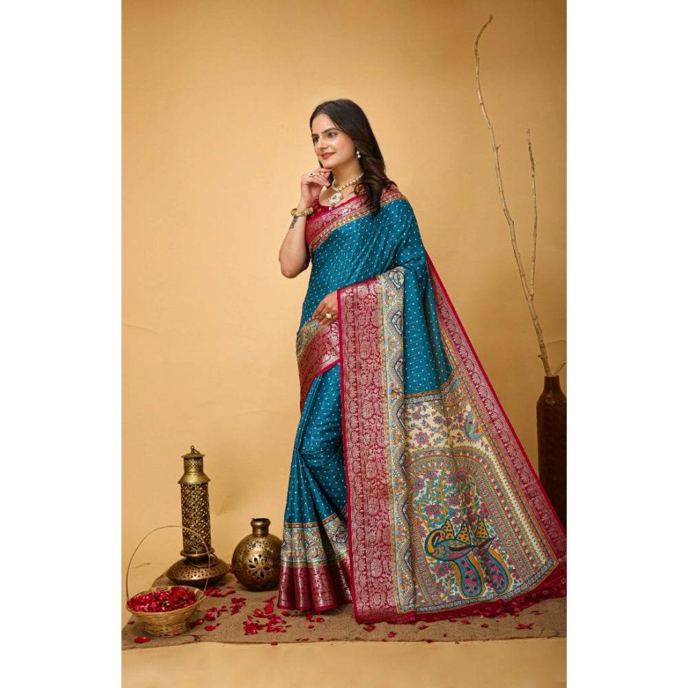Generic Women's Soft Dola Cotton Kalamkari Printed Saree With Unstitched Blouse 5.5Mtr (Sky Blue) - MYLUXURY LANE ENTERPRISE