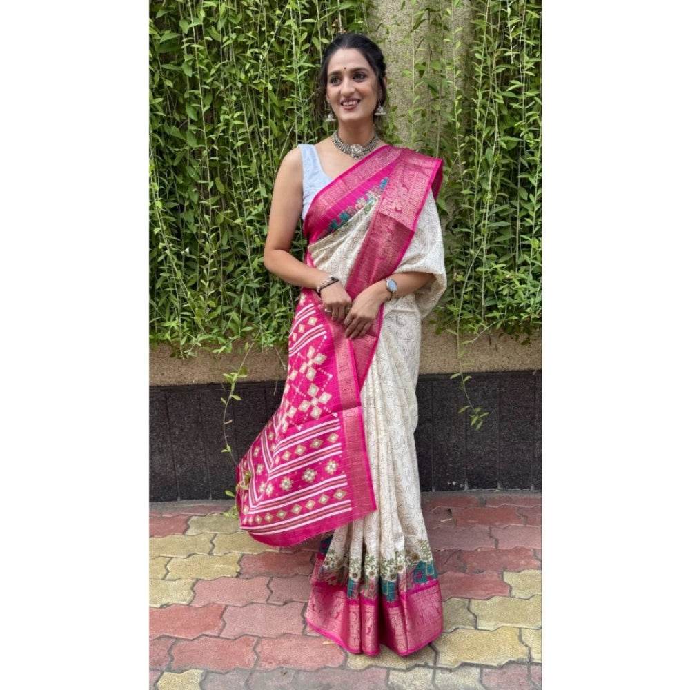 Generic Women's Soft Dola Cotton Kalamkari Printed Saree With Unstitched Blouse 5.5Mtr (White) - MYLUXURY LANE ENTERPRISE