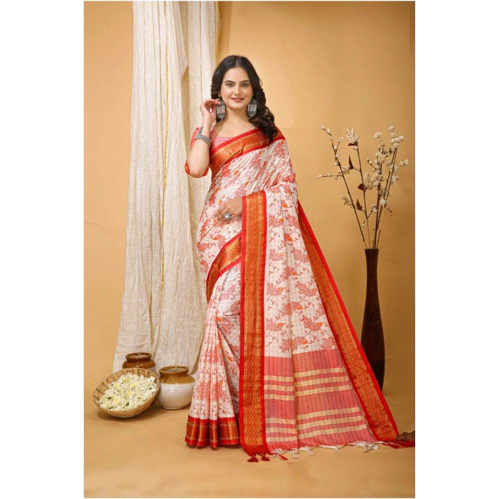 Generic Women's Soft Cotton Silk Printed Saree With Unstitched Blouse 5.5Mtr (Red) - MYLUXURY LANE ENTERPRISE