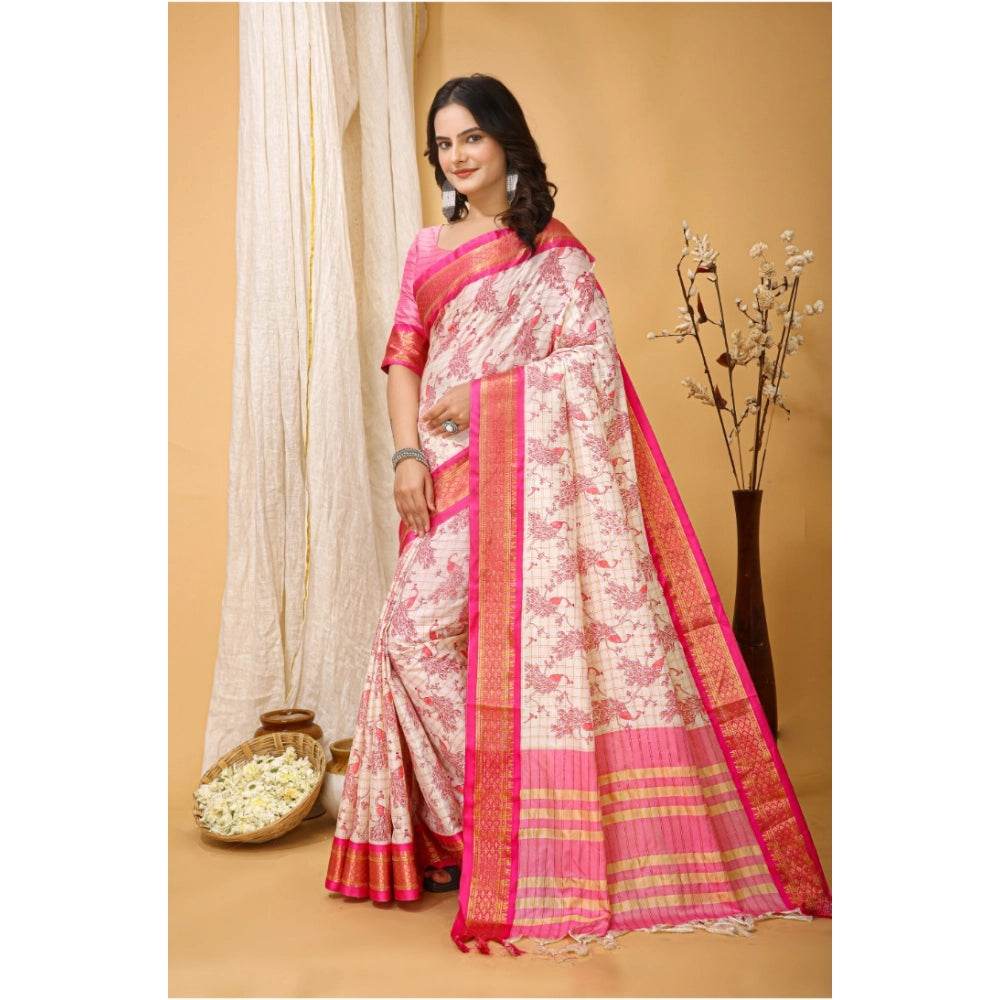 Generic Women's Soft Cotton Silk Printed Saree With Unstitched Blouse 5.5Mtr (Pink) - MYLUXURY LANE ENTERPRISE