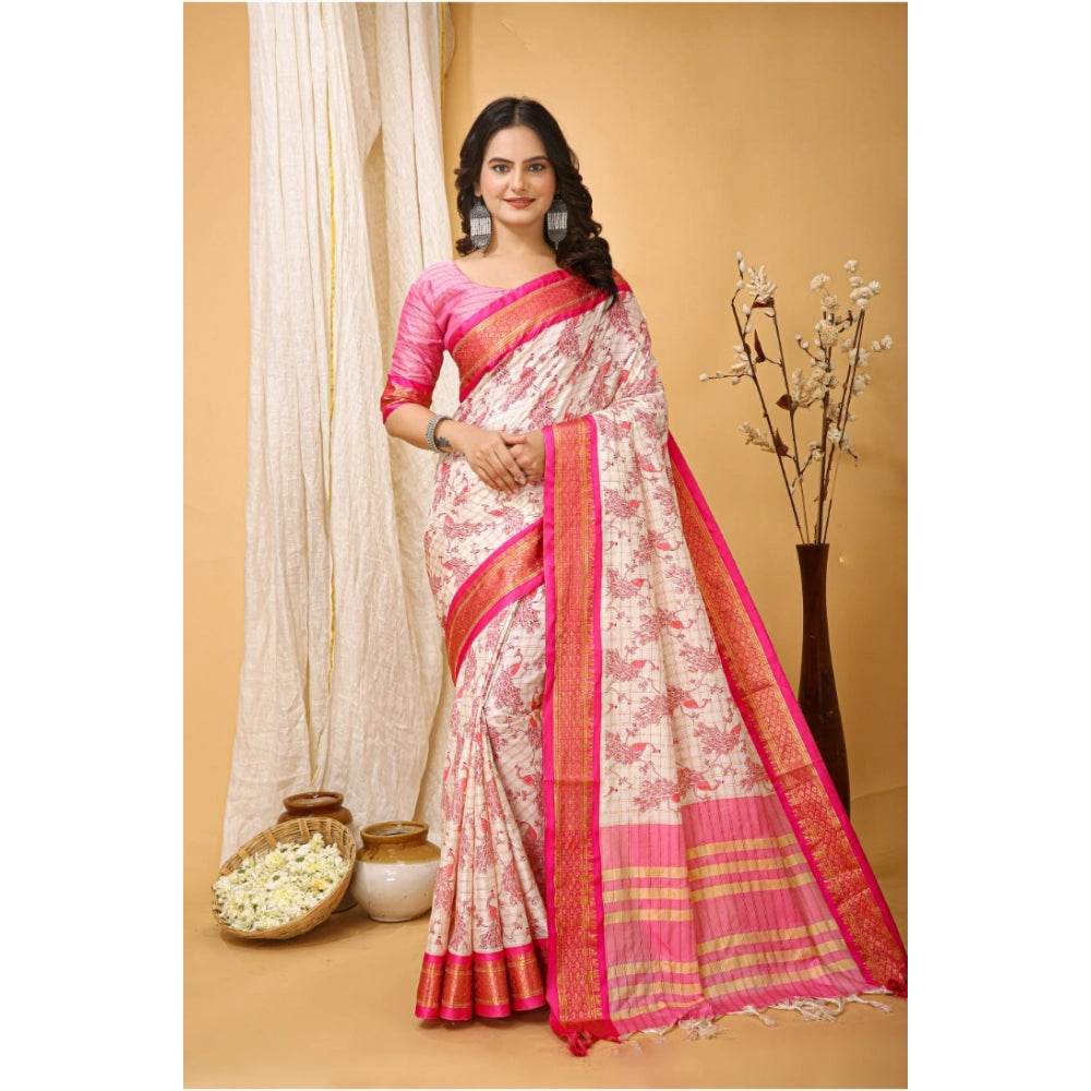 Generic Women's Soft Cotton Silk Printed Saree With Unstitched Blouse 5.5Mtr (Pink) - MYLUXURY LANE ENTERPRISE