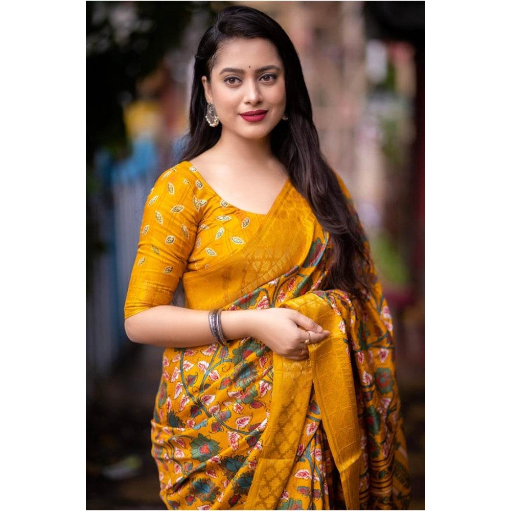Generic Women's Soft Dola Cotton Kalamkari Printed Saree With Unstitched Blouse 5.5Mtr (Yellow) - MYLUXURY LANE ENTERPRISE