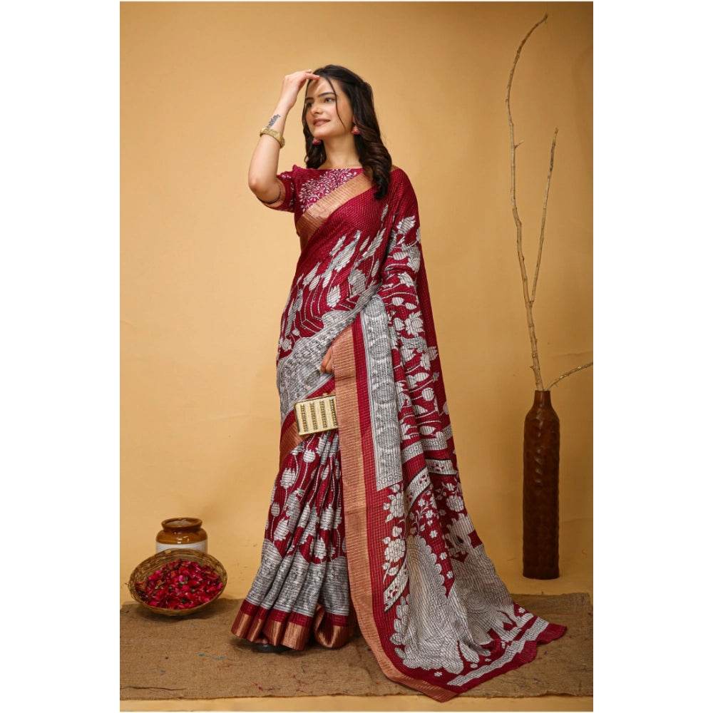 Generic Women's Soft Handloom Cotton Kalamkari Printed Saree With Unstitched Blouse 5.5Mtr (Maroon) - MYLUXURY LANE ENTERPRISE
