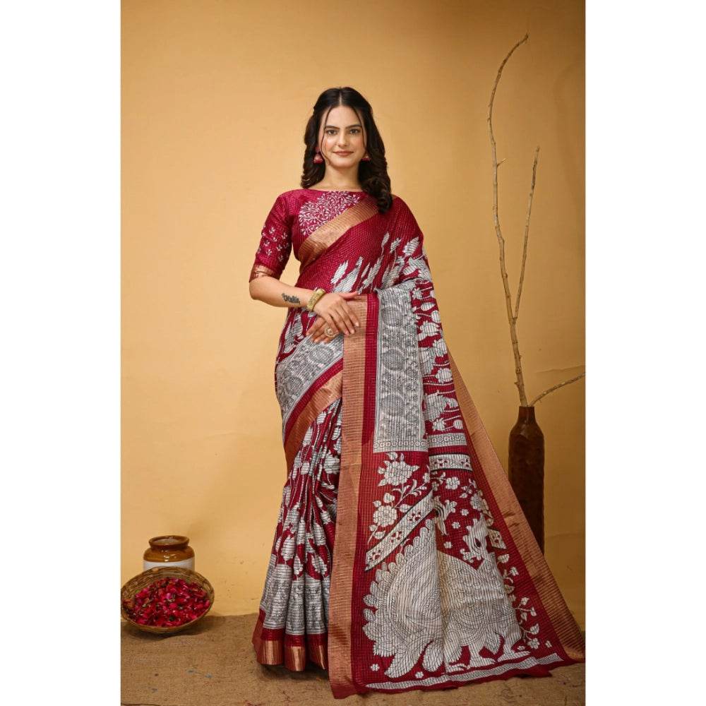 Generic Women's Soft Handloom Cotton Kalamkari Printed Saree With Unstitched Blouse 5.5Mtr (Maroon) - MYLUXURY LANE ENTERPRISE