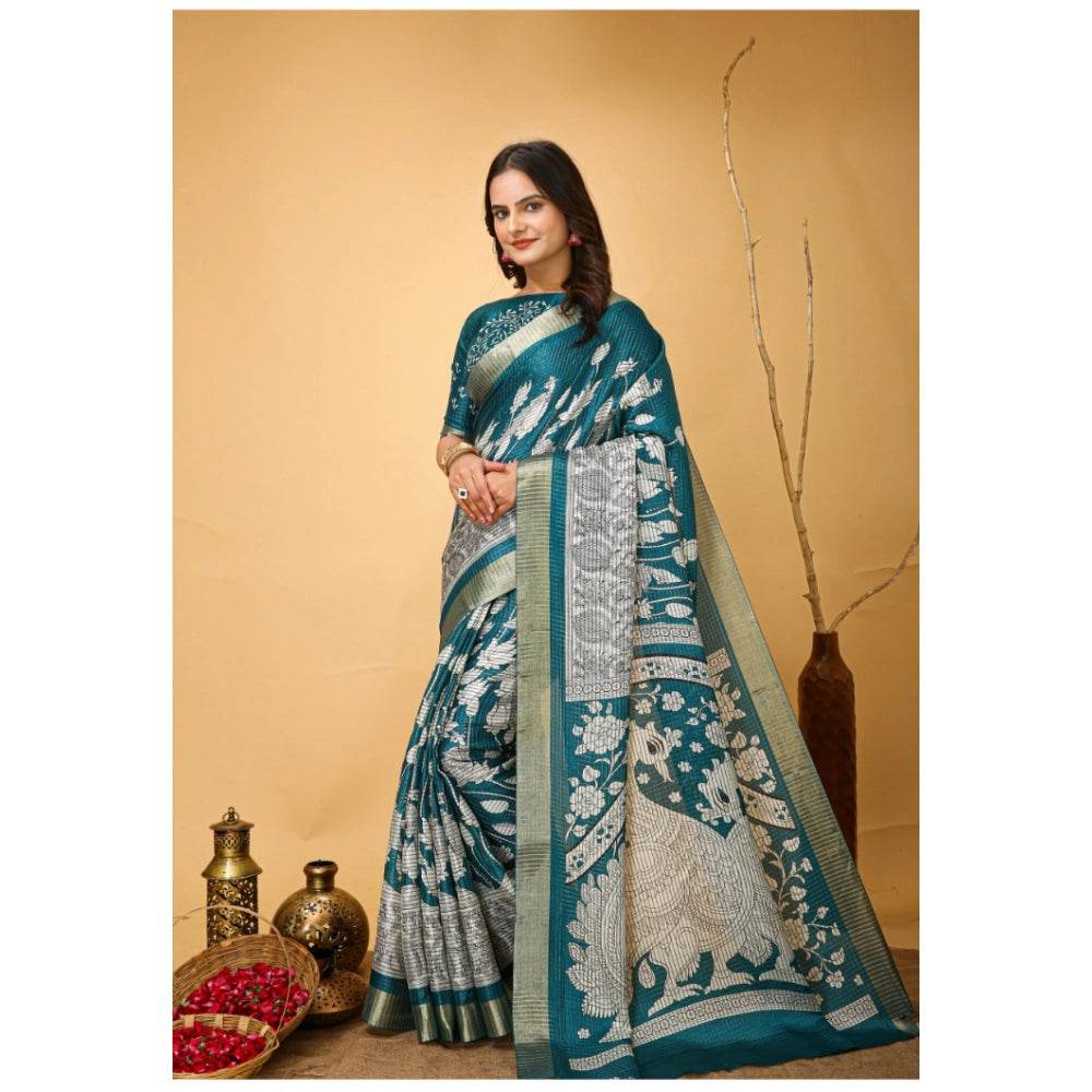 Generic Women's Soft Handloom Cotton Kalamkari Printed Saree With Unstitched Blouse 5.5Mtr (Turquoise) - MYLUXURY LANE ENTERPRISE