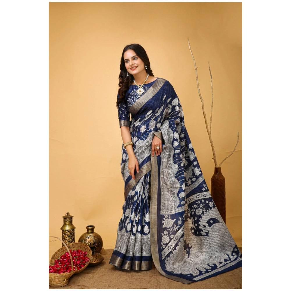 Generic Women's Soft Handloom Cotton Kalamkari Printed Saree With Unstitched Blouse 5.5Mtr (Blue) - MYLUXURY LANE ENTERPRISE
