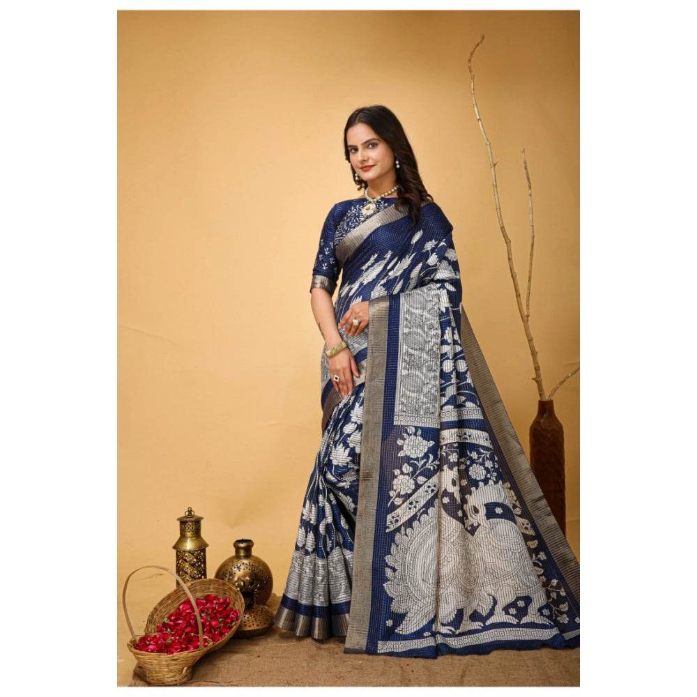 Generic Women's Soft Handloom Cotton Kalamkari Printed Saree With Unstitched Blouse 5.5Mtr (Blue) - MYLUXURY LANE ENTERPRISE