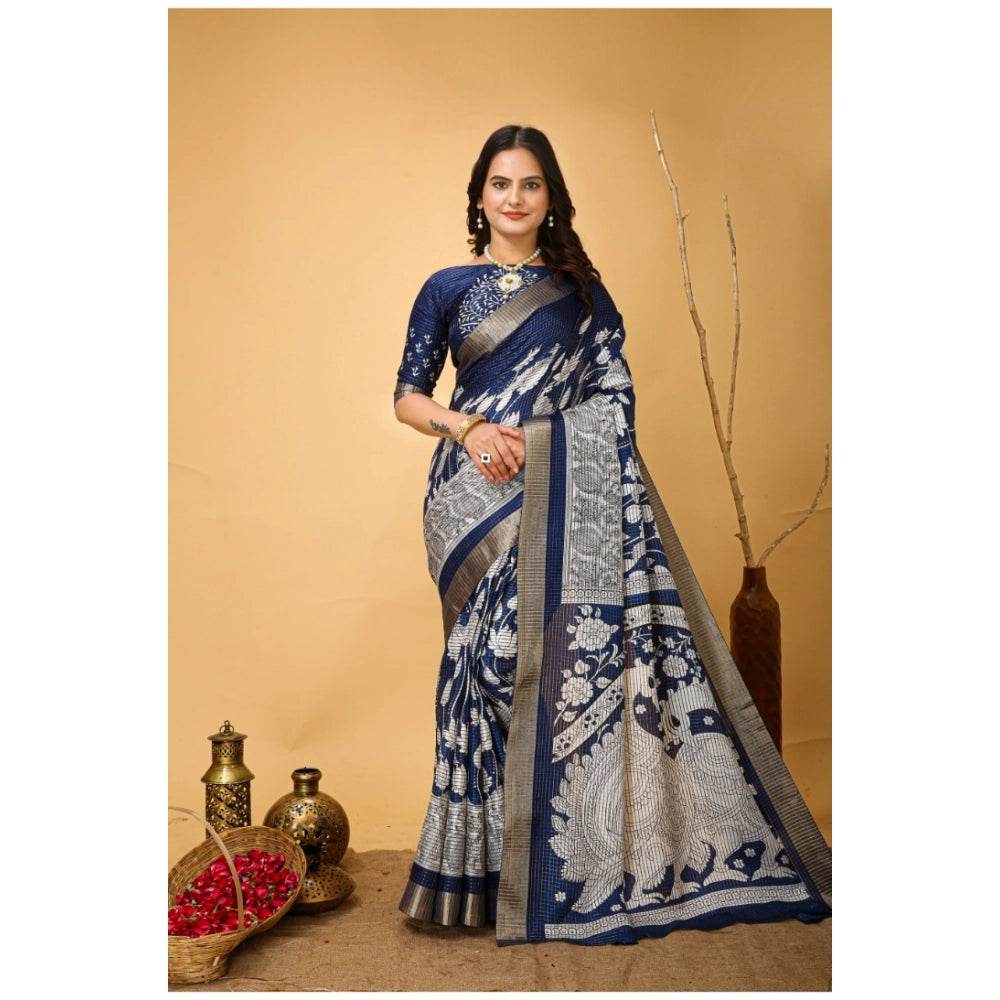 Generic Women's Soft Handloom Cotton Kalamkari Printed Saree With Unstitched Blouse 5.5Mtr (Blue) - MYLUXURY LANE ENTERPRISE