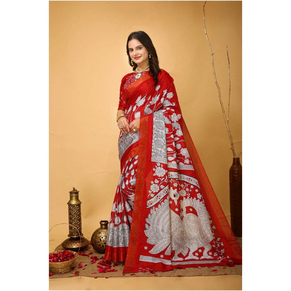 Generic Women's Soft Handloom Cotton Kalamkari Printed Saree With Unstitched Blouse 5.5Mtr (Red) - MYLUXURY LANE ENTERPRISE