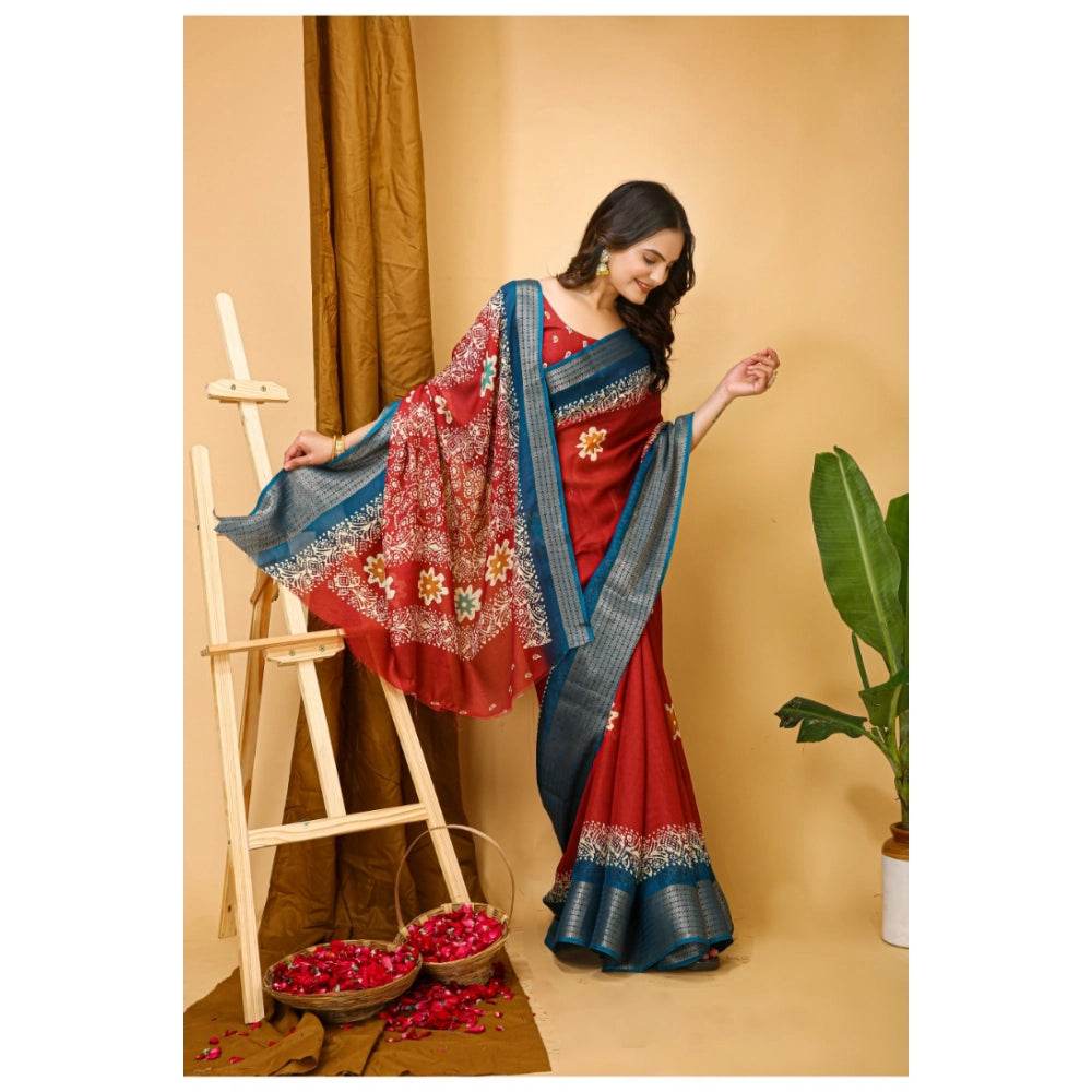 Generic Women's Soft Blooming Marshmallow Fabric Kalamkari Printed Saree With Unstitched Blouse 5.5Mtr (Red) - MYLUXURY LANE ENTERPRISE