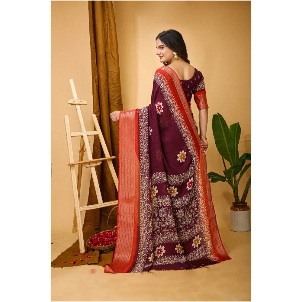 Generic Women's Soft Blooming Marshmallow Fabric Kalamkari Printed Saree With Unstitched Blouse 5.5Mtr (Wine) - MYLUXURY LANE ENTERPRISE