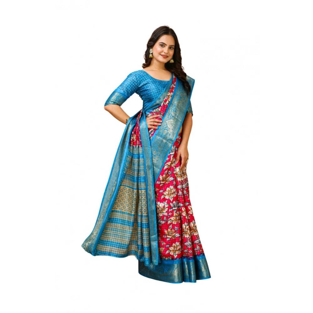 Generic Women's Soft Dola Cotton Kalamkari Printed Saree With Unstitched Blouse 5.5Mtr (Pink) - MYLUXURY LANE ENTERPRISE