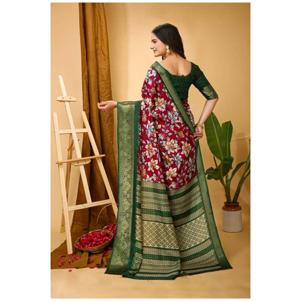 Generic Women's Soft Dola Cotton Kalamkari Printed Saree With Unstitched Blouse 5.5Mtr (Maroon) - MYLUXURY LANE ENTERPRISE