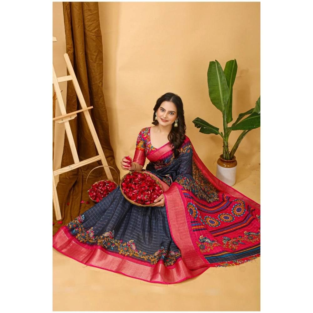 Generic Women's Soft Dola Cotton Kalamkari Printed Saree With Unstitched Blouse 5.5Mtr (Grey) - MYLUXURY LANE ENTERPRISE
