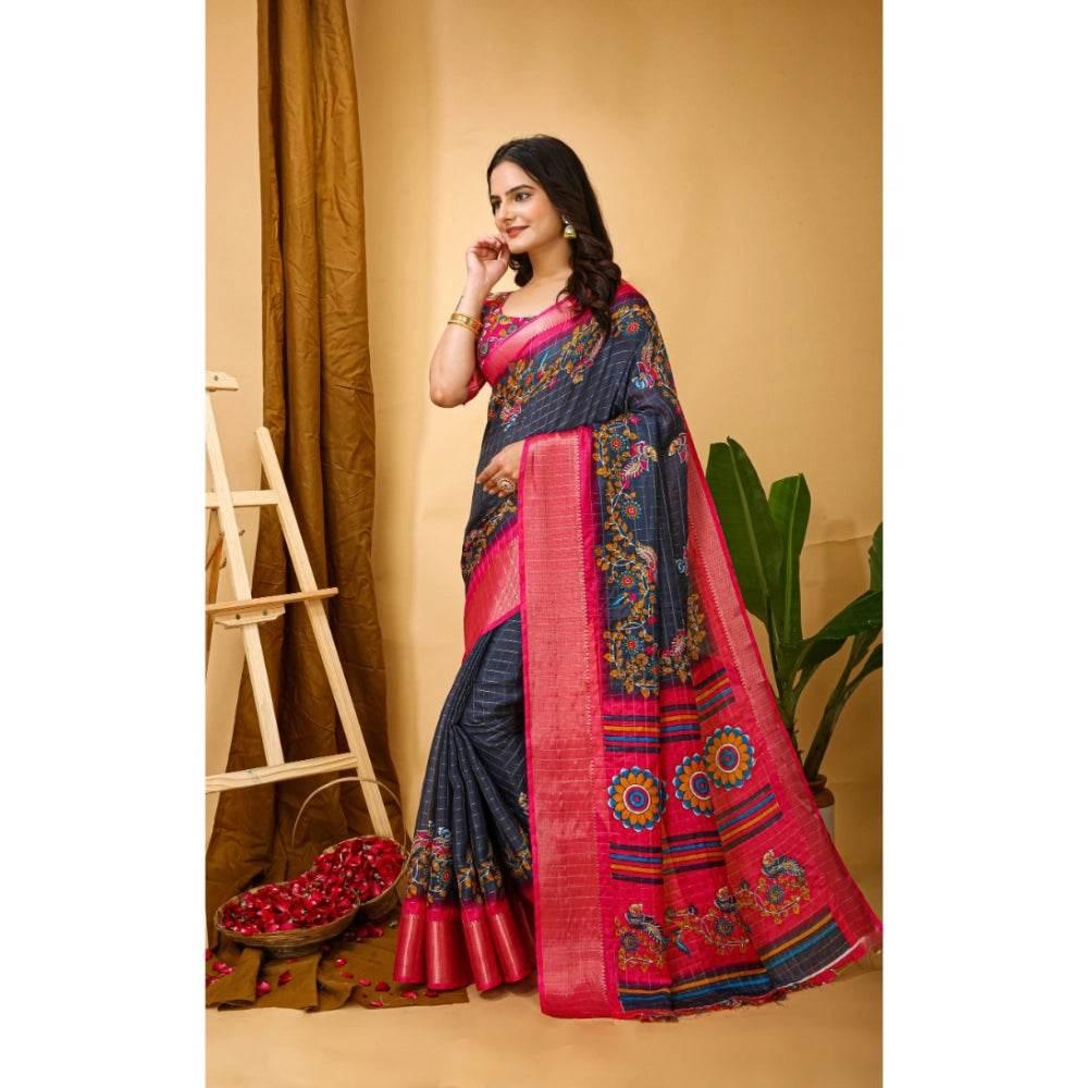 Generic Women's Soft Dola Cotton Kalamkari Printed Saree With Unstitched Blouse 5.5Mtr (Grey) - MYLUXURY LANE ENTERPRISE