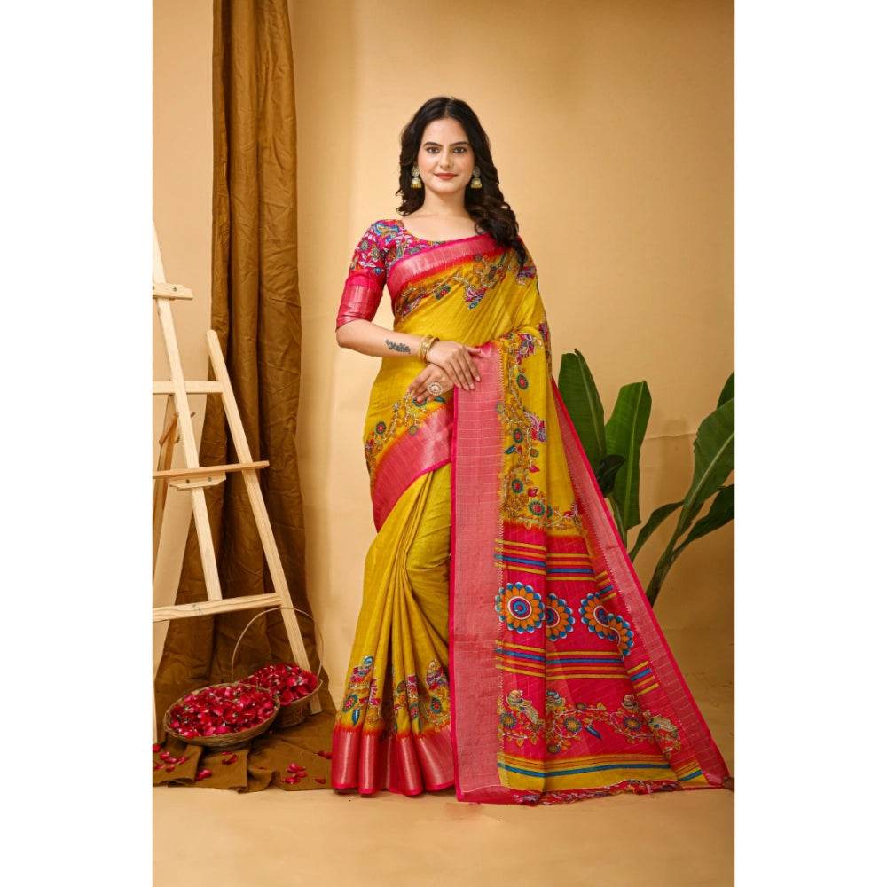 Generic Women's Soft Dola Cotton Kalamkari Printed Saree With Unstitched Blouse 5.5Mtr (Yellow) - MYLUXURY LANE ENTERPRISE