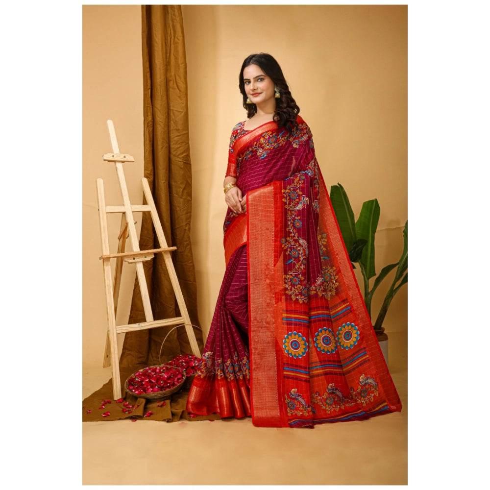 Generic Women's Soft Dola Cotton Kalamkari Printed Saree With Unstitched Blouse 5.5Mtr (Maroon) - MYLUXURY LANE ENTERPRISE