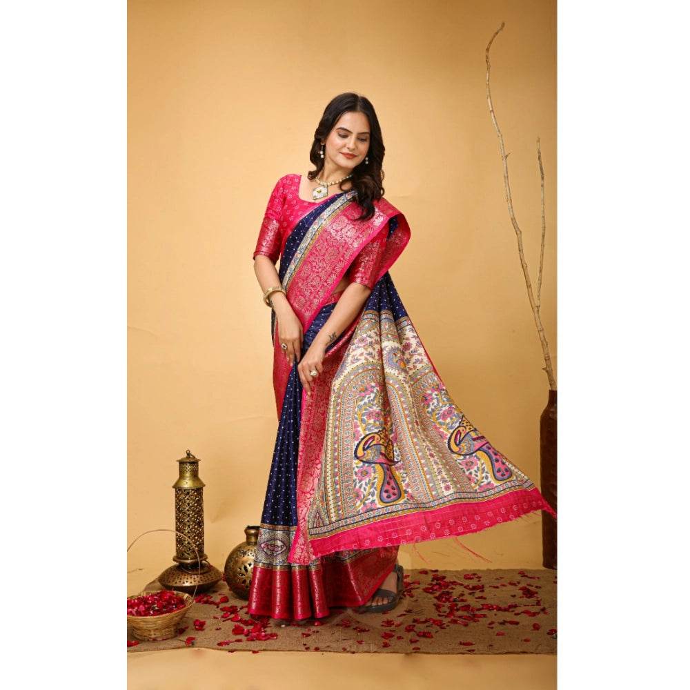 Generic Women's Soft Dola Cotton Kalamkari Printed Saree With Unstitched Blouse 5.5Mtr (Navy Blue) - MYLUXURY LANE ENTERPRISE