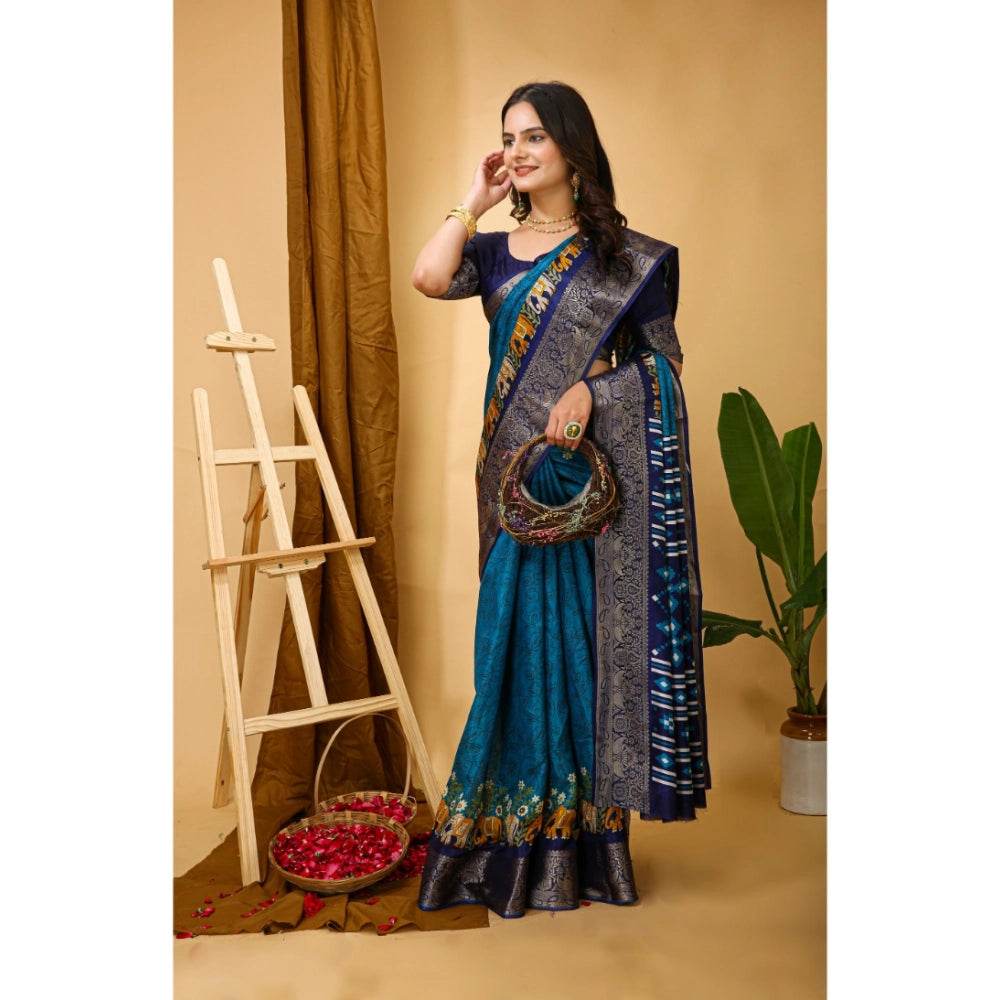 Generic Women's Soft Dola Cotton Kalamkari Printed Saree With Unstitched Blouse 5.5Mtr (Blue) - MYLUXURY LANE ENTERPRISE
