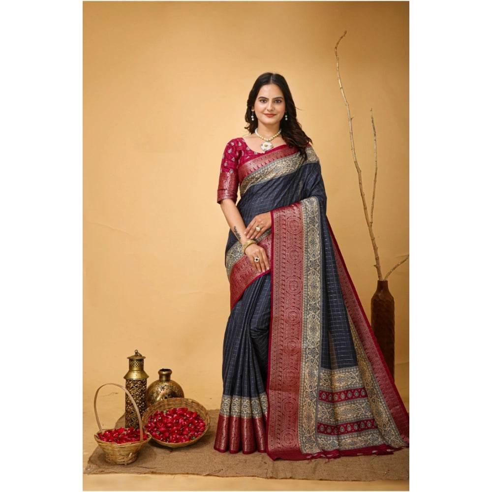 Generic Women's Soft Dola Cotton Kalamkari Printed Saree With Unstitched Blouse 5.5Mtr (Grey) - MYLUXURY LANE ENTERPRISE