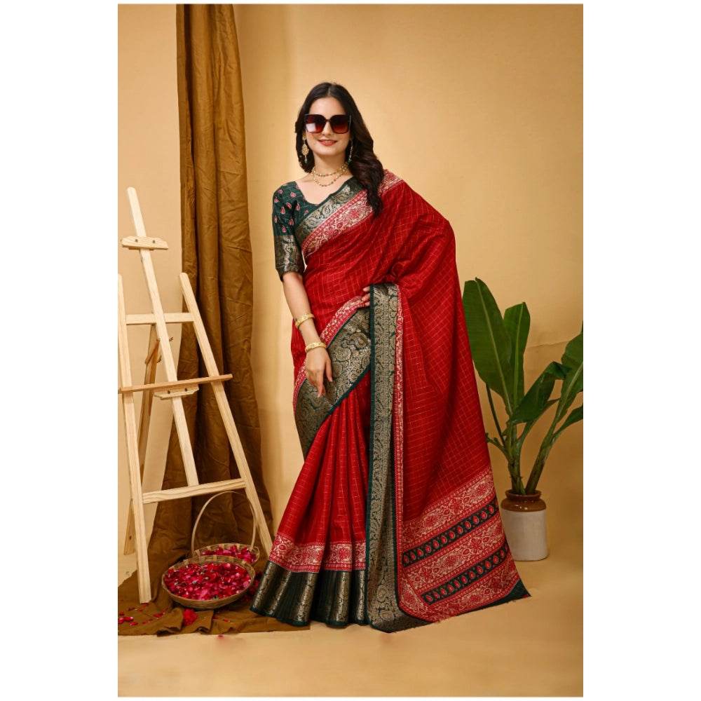 Generic Women's Soft Dola Cotton Kalamkari Printed Saree With Unstitched Blouse 5.5Mtr (Red) - MYLUXURY LANE ENTERPRISE
