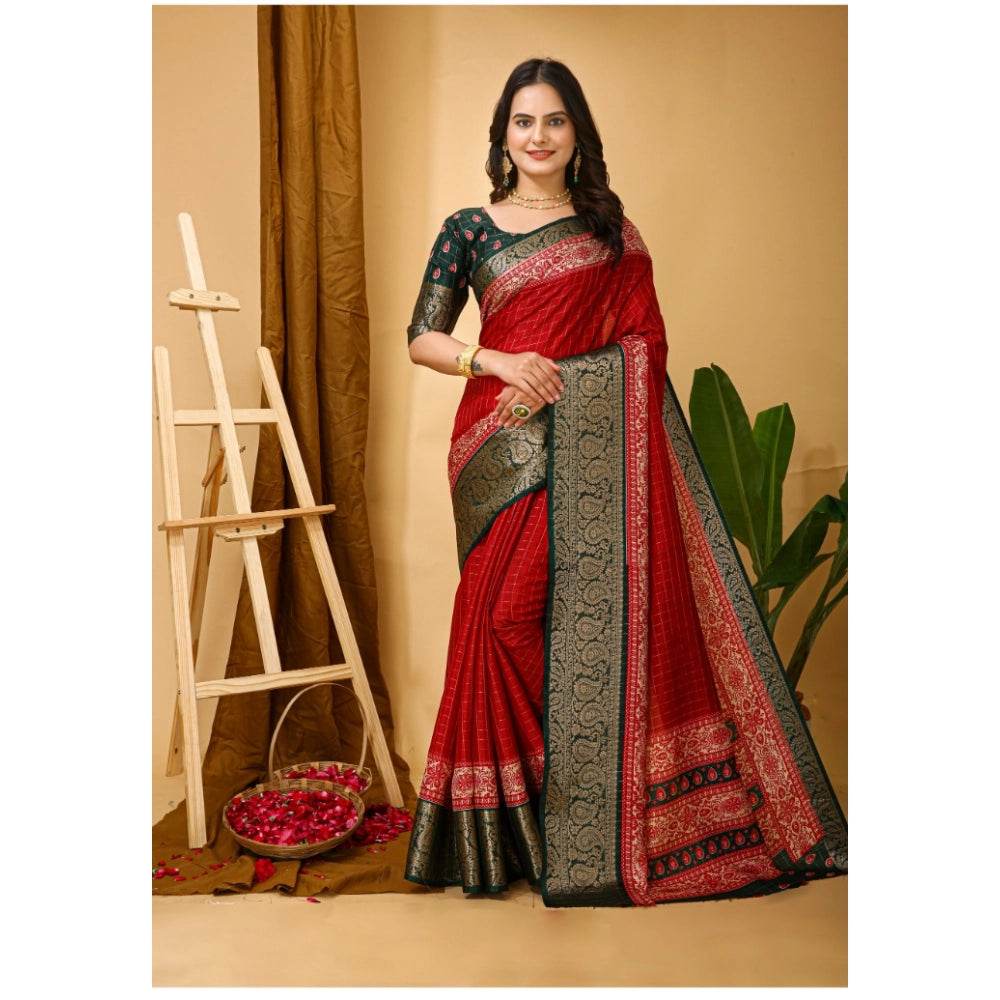 Generic Women's Soft Dola Cotton Kalamkari Printed Saree With Unstitched Blouse 5.5Mtr (Red) - MYLUXURY LANE ENTERPRISE