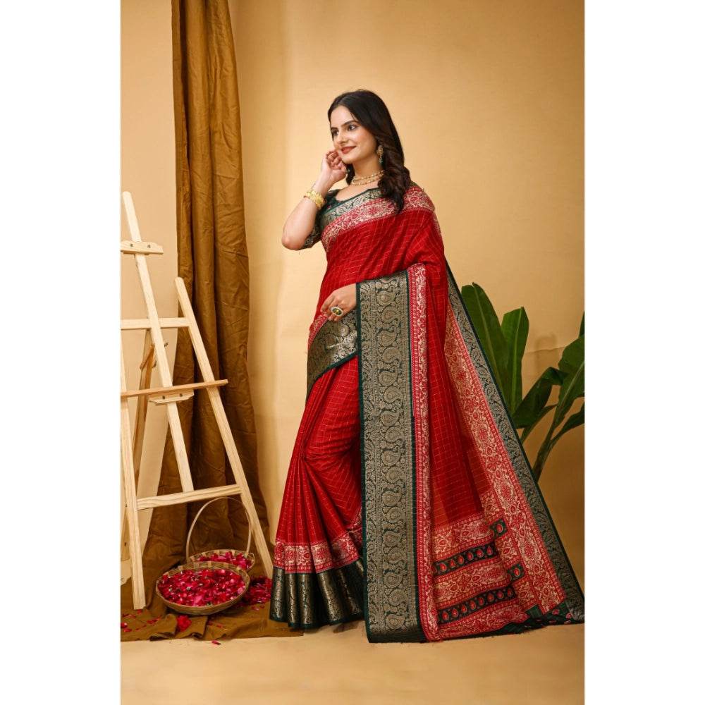 Generic Women's Soft Dola Cotton Kalamkari Printed Saree With Unstitched Blouse 5.5Mtr (Red) - MYLUXURY LANE ENTERPRISE