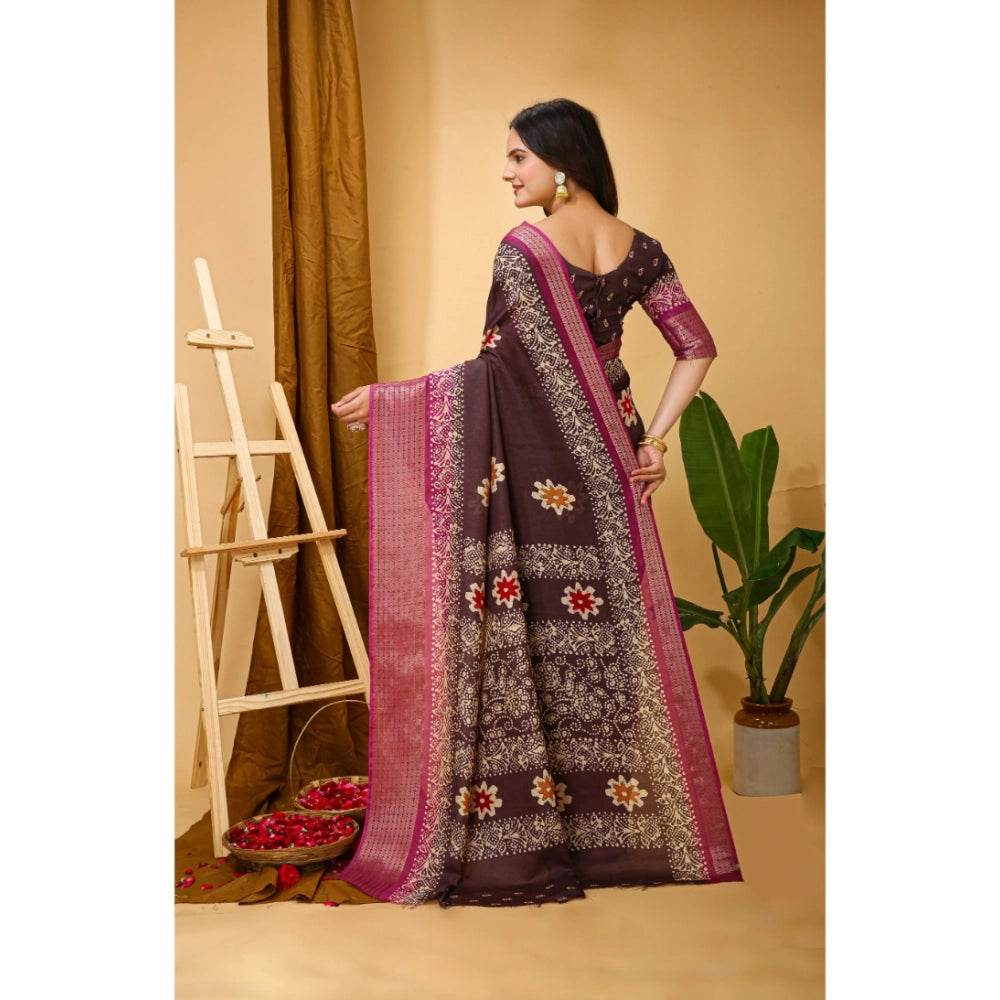 Generic Women's Soft Blooming Marshmallow Fabric Kalamkari Printed Saree With Unstitched Blouse 5.5Mtr (Maroon) - MYLUXURY LANE ENTERPRISE