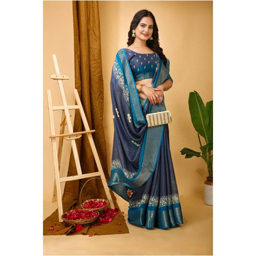 Generic Women's Soft Blooming Marshmallow Fabric Kalamkari Printed Saree With Unstitched Blouse 5.5Mtr (Grey) - MYLUXURY LANE ENTERPRISE