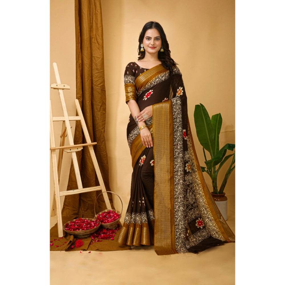 Generic Women's Soft Blooming Marshmallow Fabric Kalamkari Printed Saree With Unstitched Blouse 5.5Mtr (Brown) - MYLUXURY LANE ENTERPRISE