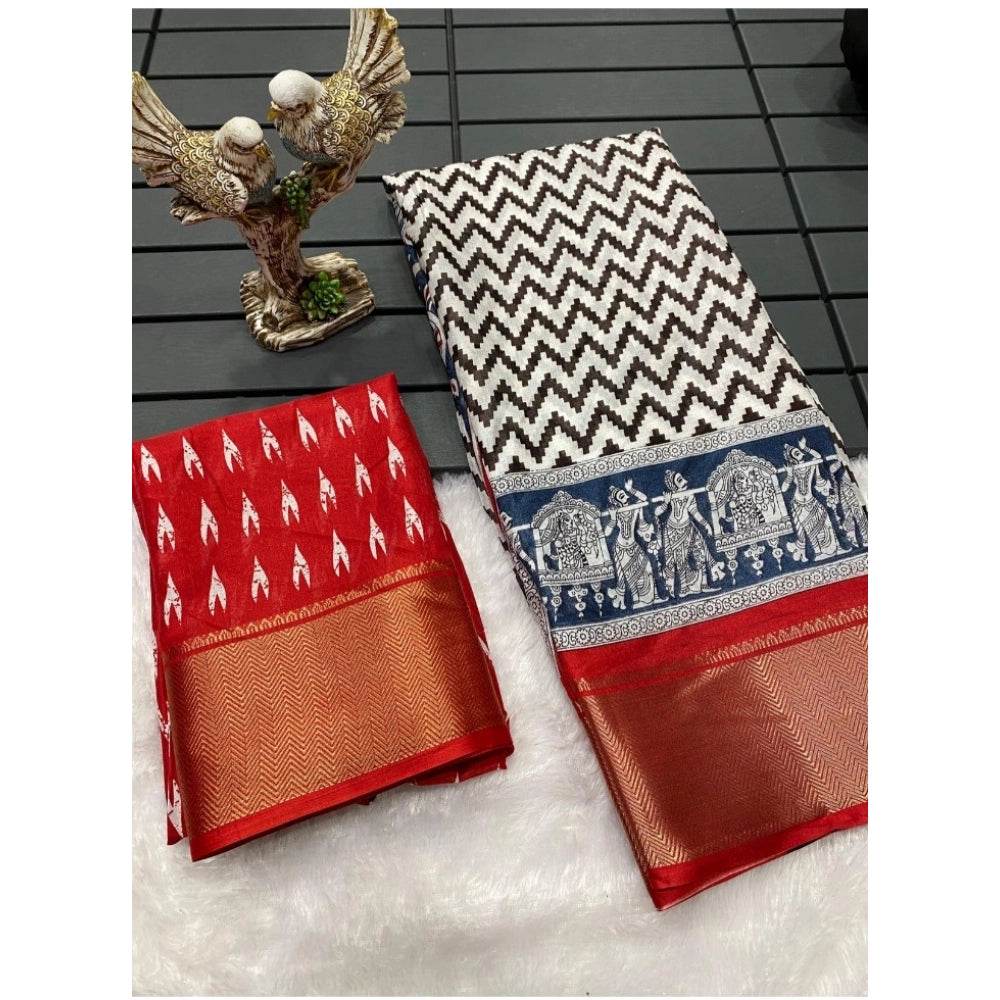 Generic Women's Soft Dola Cotton Kalamkari Printed Saree With Unstitched Blouse 5.5Mtr (Red) - MYLUXURY LANE ENTERPRISE