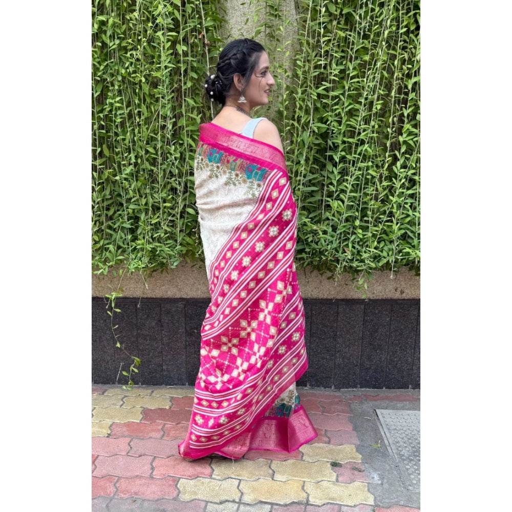 Generic Women's Soft Dola Cotton Kalamkari Printed Saree With Unstitched Blouse 5.5Mtr (White) - MYLUXURY LANE ENTERPRISE