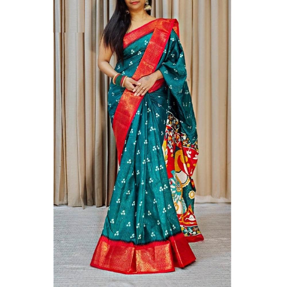 Generic Women's Soft Dola Cotton Kalamkari Printed Saree With Unstitched Blouse 5.5Mtr (Blue) - MYLUXURY LANE ENTERPRISE
