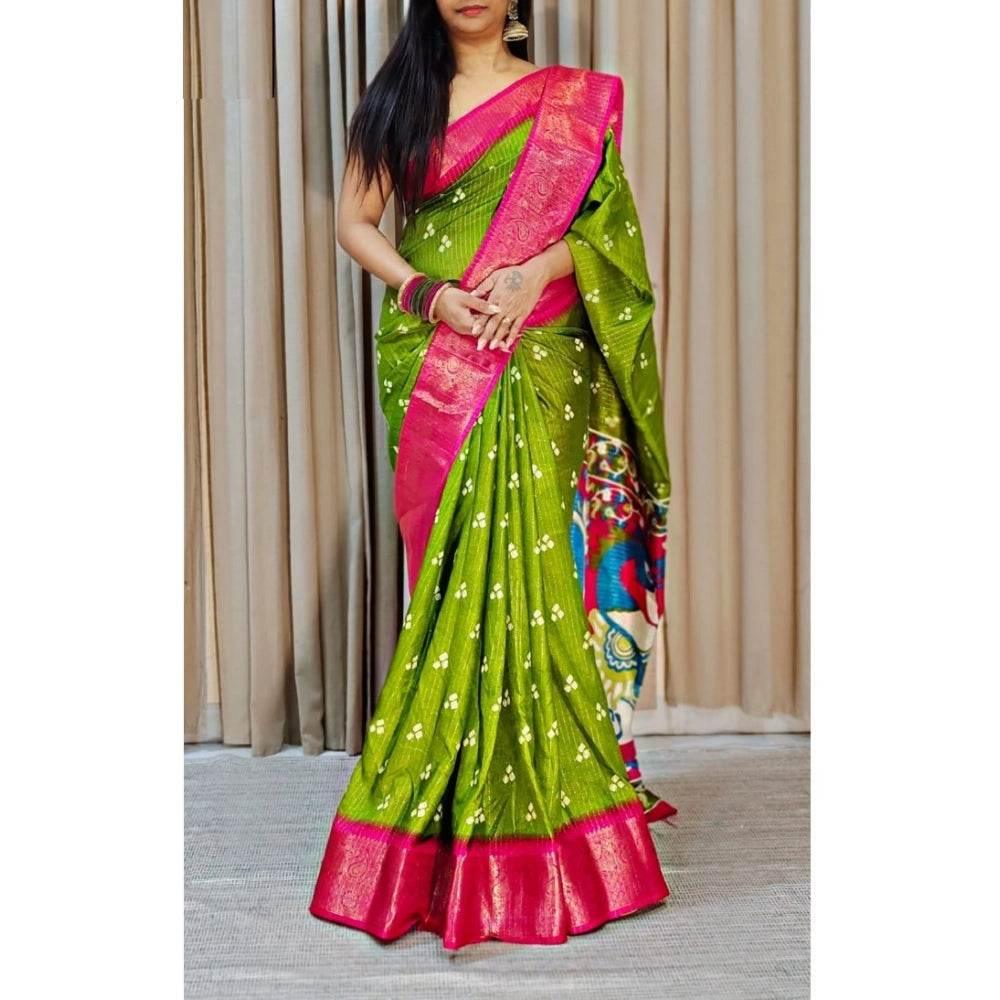 Generic Women's Soft Dola Cotton Kalamkari Printed Saree With Unstitched Blouse 5.5Mtr (Green) - MYLUXURY LANE ENTERPRISE