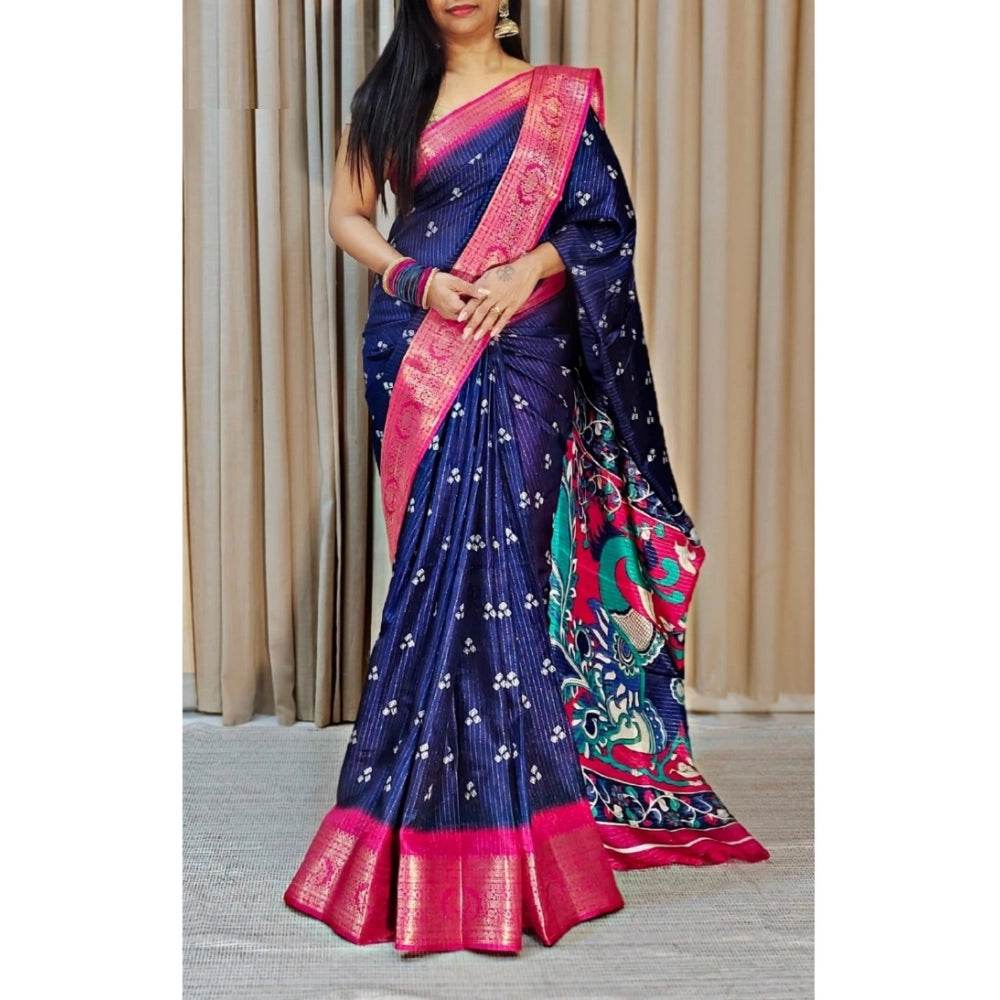 Generic Women's Soft Dola Cotton Kalamkari Printed Saree With Unstitched Blouse 5.5Mtr (Navy Blue) - MYLUXURY LANE ENTERPRISE