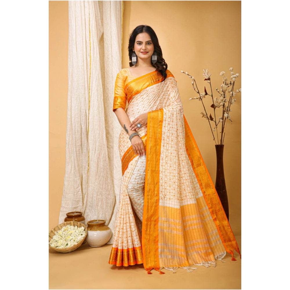 Generic Women's Soft Cotton Silk Printed Saree With Unstitched Blouse 5.5Mtr (Yellow) - MYLUXURY LANE ENTERPRISE