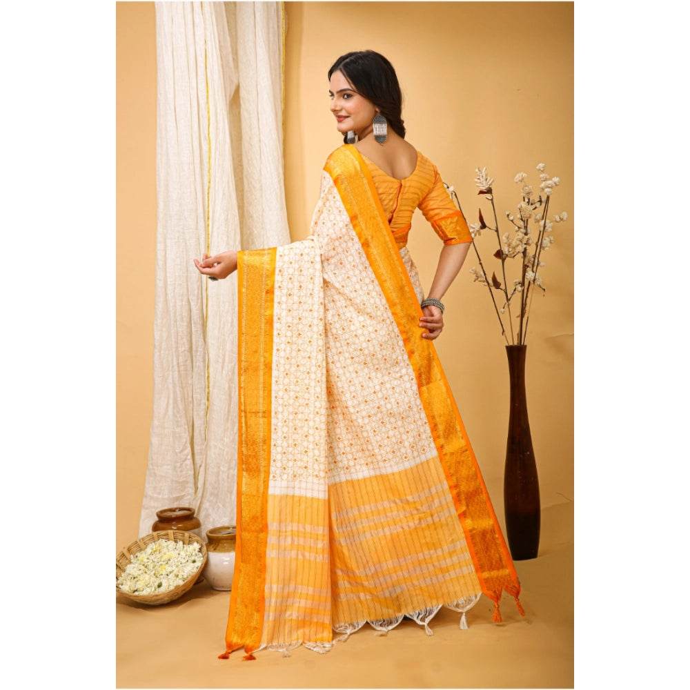 Generic Women's Soft Cotton Silk Printed Saree With Unstitched Blouse 5.5Mtr (Yellow) - MYLUXURY LANE ENTERPRISE